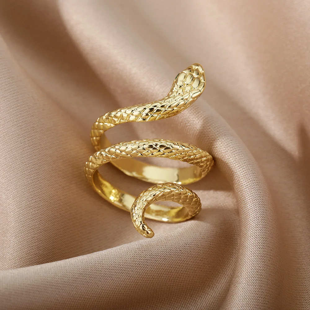 Stainless Steel Snake Rings For Women Men Gold Color Open Adjustable Zircon Ring Vintage Gothic Aesthetic Jewelry anillos mujer