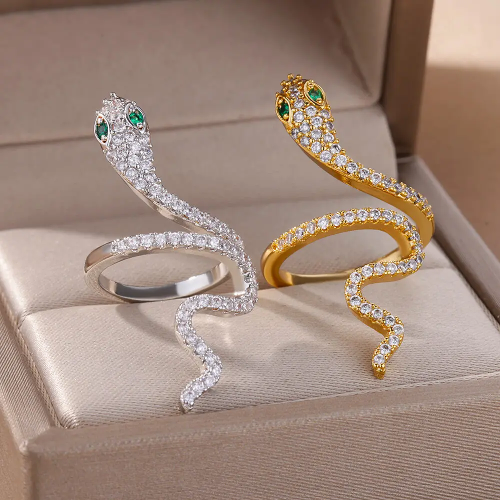 Stainless Steel Snake Rings For Women Men Gold Color Open Adjustable Zircon Ring Vintage Gothic Aesthetic Jewelry anillos mujer