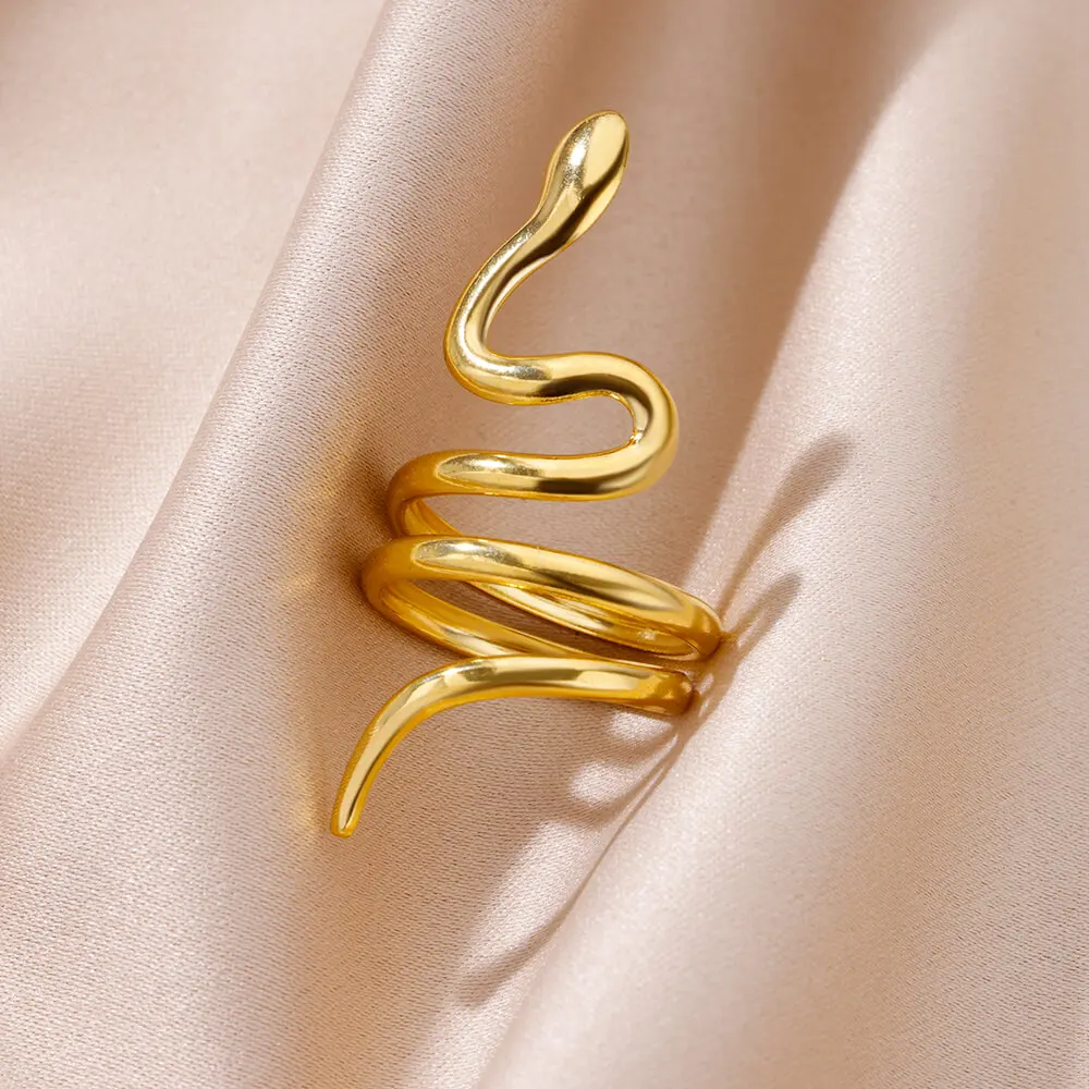 Stainless Steel Snake Rings For Women Men Gold Color Open Adjustable Zircon Ring Vintage Gothic Aesthetic Jewelry anillos mujer