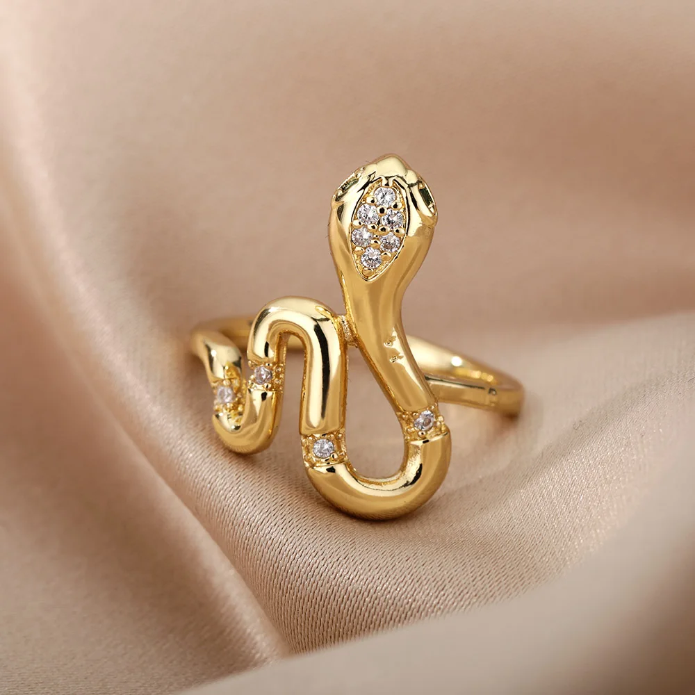 Stainless Steel Snake Rings For Women Men Gold Color Open Adjustable Zircon Ring Vintage Gothic Aesthetic Jewelry anillos mujer