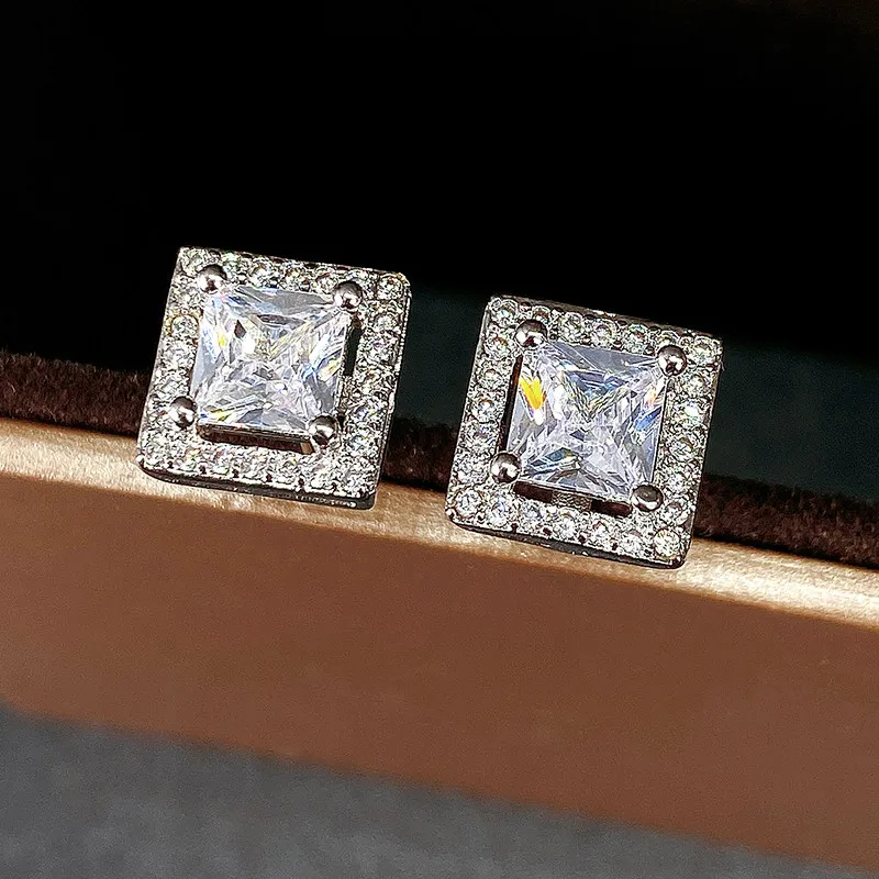 Huitan Luxury Princess Cut CZ Stud Earrings Silver Color Accessories for Lady's Vintage Party Elegant Versatile Women Earrings