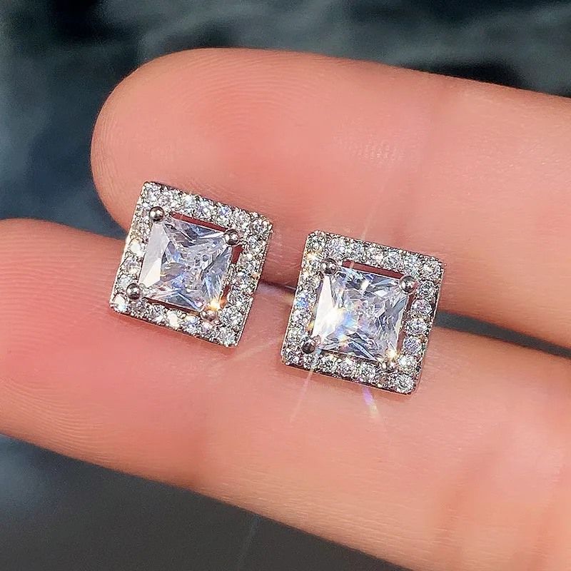 Huitan Luxury Princess Cut CZ Stud Earrings Silver Color Accessories for Lady's Vintage Party Elegant Versatile Women Earrings