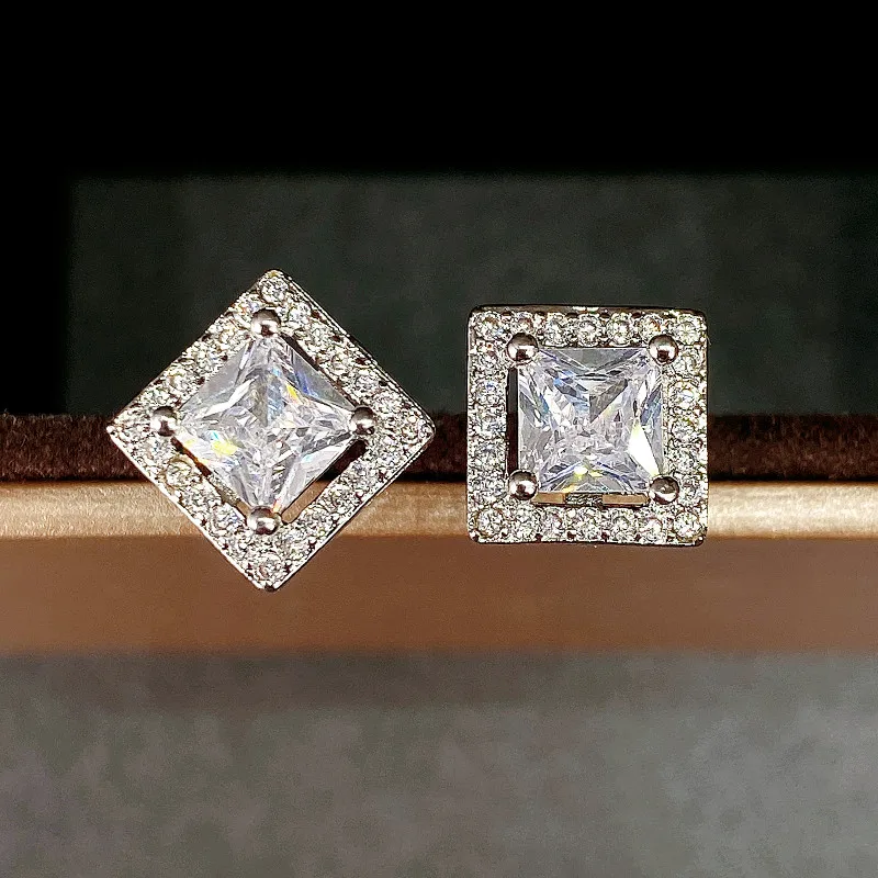 Huitan Luxury Princess Cut CZ Stud Earrings Silver Color Accessories for Lady's Vintage Party Elegant Versatile Women Earrings