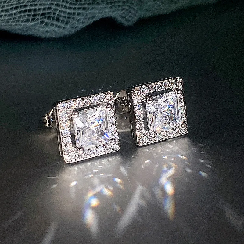Huitan Luxury Princess Cut CZ Stud Earrings Silver Color Accessories for Lady's Vintage Party Elegant Versatile Women Earrings