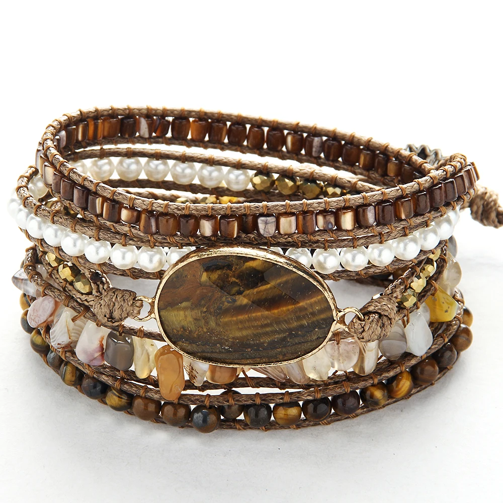 RH Fashion Handma Bohemian Jewelry Accessory Mixed Natural Stones Charm 5 Strands Wrap Bracelets Gift DropShipping