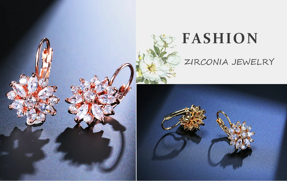 ZAKOL Fashion Rose Gold Color Flower Hoop Earrings for Women CZ Crystal Zircon Earring Brincos