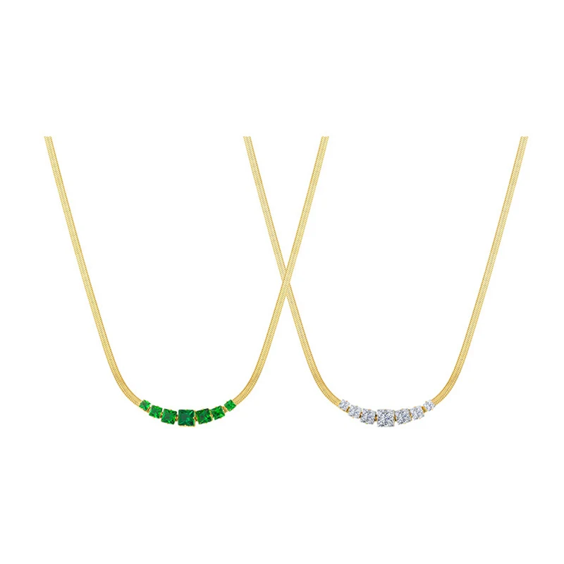 DIEYURO 316L Stainless Steel Green White Crystal Zircon Necklace For Women Luxury Design Ladies Snake Flat Chain Wedding Gift