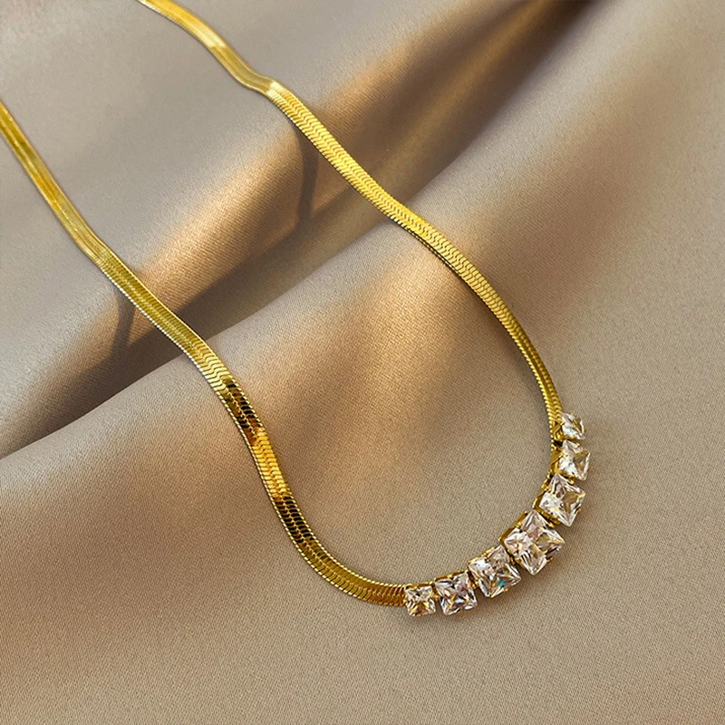 DIEYURO 316L Stainless Steel Green White Crystal Zircon Necklace For Women Luxury Design Ladies Snake Flat Chain Wedding Gift