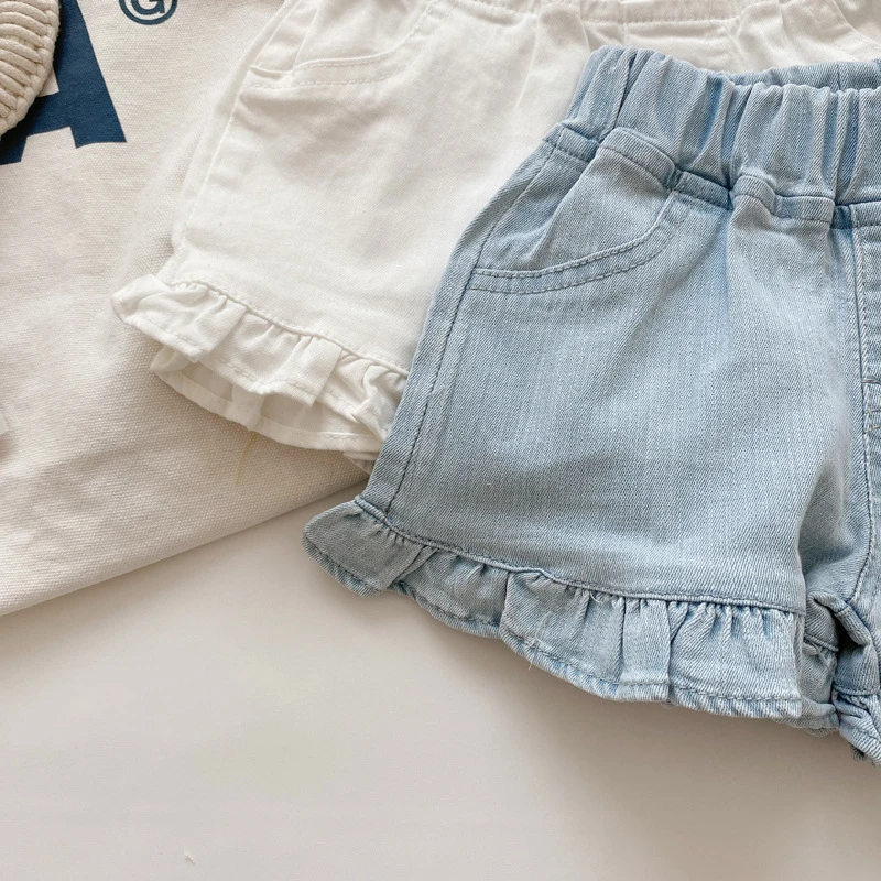 MILANCEL Girls Shorts Summer Kids Clothes Ruffle Trousers Elastic Waist Solid Cotton