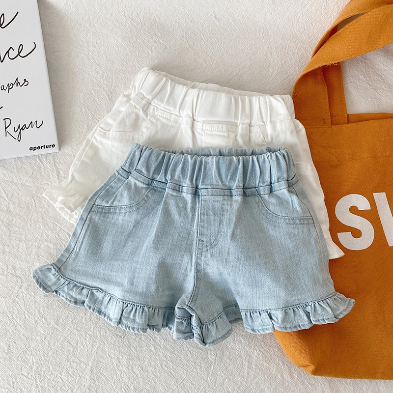 MILANCEL Girls Shorts Summer Kids Clothes Ruffle Trousers Elastic Waist Solid Cotton