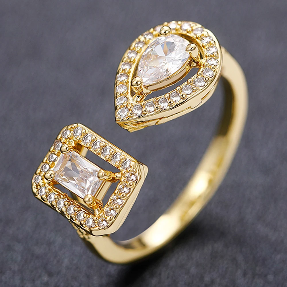 Huitan Geometric Shaped Cuff Opening Rings for Women Silver Color/Gold Color Noble Cubic Zirconia Ring Accessory Fashion Jewelry