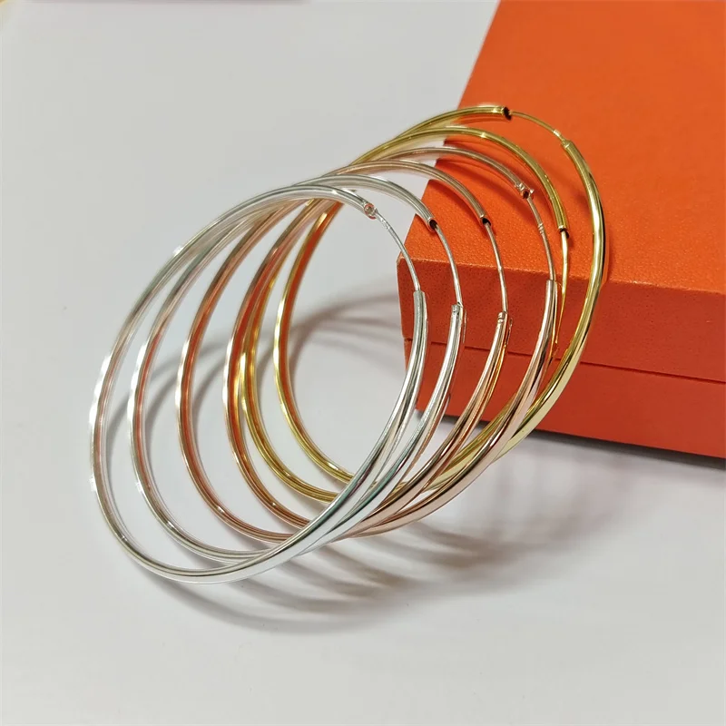 Senlissi - New 18K Gold Plated Hoop Earrings For Women 925 Sterling Silver 3.0mm Fashion Earring Cерьги Kольца 3/4/5/6/7CM