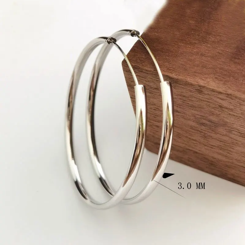 Senlissi - New 18K Gold Plated Hoop Earrings For Women 925 Sterling Silver 3.0mm Fashion Earring Cерьги Kольца 3/4/5/6/7CM