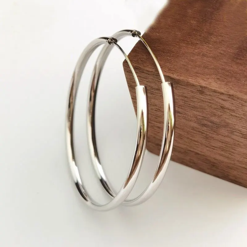 Senlissi - New 18K Gold Plated Hoop Earrings For Women 925 Sterling Silver 3.0mm Fashion Earring Cерьги Kольца 3/4/5/6/7CM