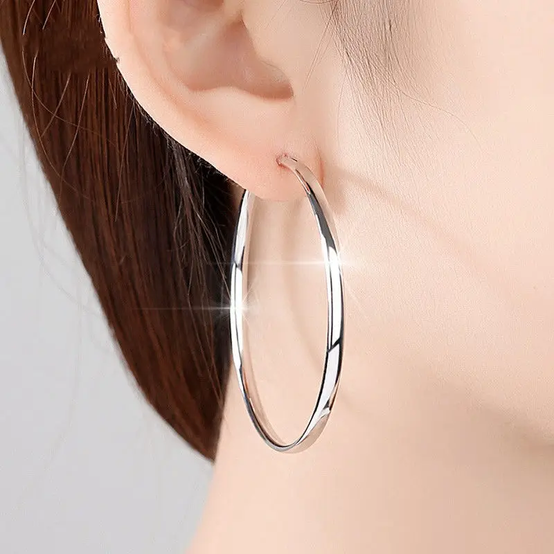 Senlissi - New 18K Gold Plated Hoop Earrings For Women 925 Sterling Silver 3.0mm Fashion Earring Cерьги Kольца 3/4/5/6/7CM