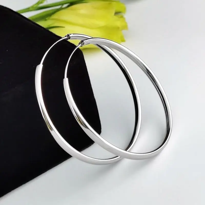 Senlissi - New 18K Gold Plated Hoop Earrings For Women 925 Sterling Silver 3.0mm Fashion Earring Cерьги Kольца 3/4/5/6/7CM