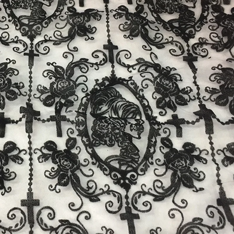 150x50cm Gothic Lolita Black Lace Mesh Cloth DIY Women's Background Decoration Hand Sewing Accessories Lace Flocking Fabric