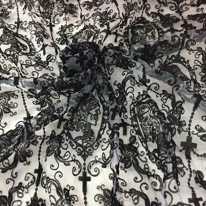 150x50cm Gothic Lolita Black Lace Mesh Cloth DIY Women's Background Decoration Hand Sewing Accessories Lace Flocking Fabric