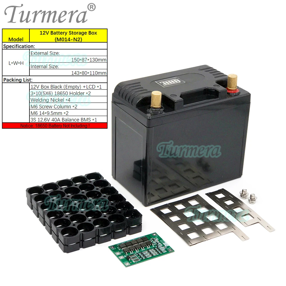 Turmera 12V 30Ah to 35Ah Motorcycle Battery Storage Box 3X10 18650 Holder 3S 40A BMS with Solder Nickel Use in Replace Lead-Acid