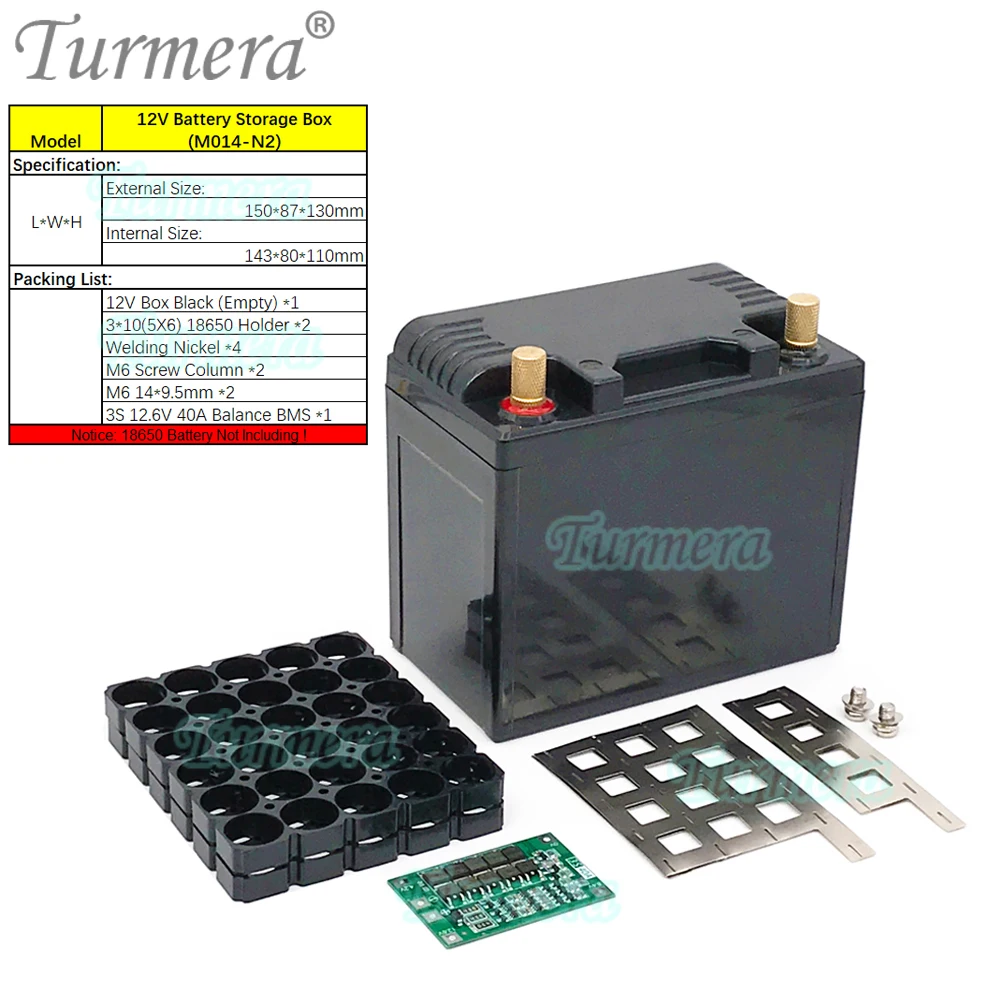 Turmera 12V 30Ah to 35Ah Motorcycle Battery Storage Box 3X10 18650 Holder 3S 40A BMS with Solder Nickel Use in Replace Lead-Acid