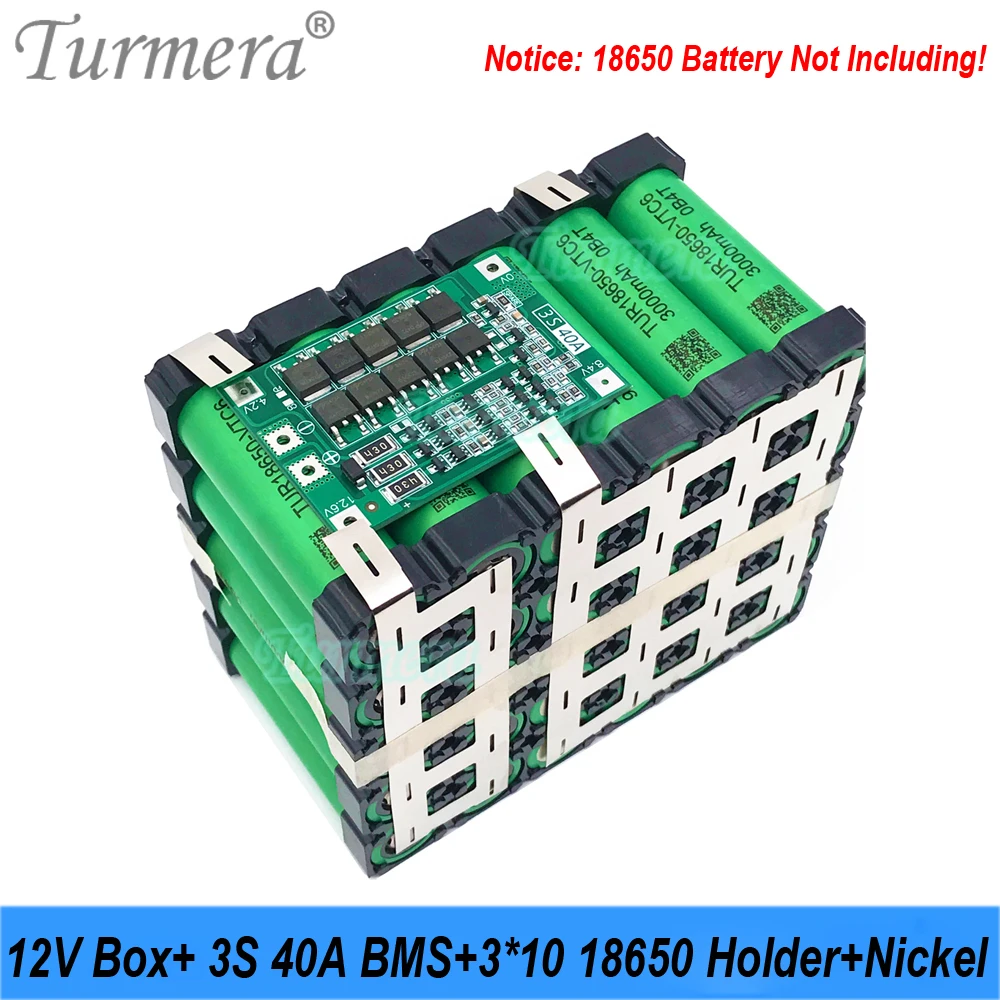 Turmera 12V 30Ah to 35Ah Motorcycle Battery Storage Box 3X10 18650 Holder 3S 40A BMS with Solder Nickel Use in Replace Lead-Acid