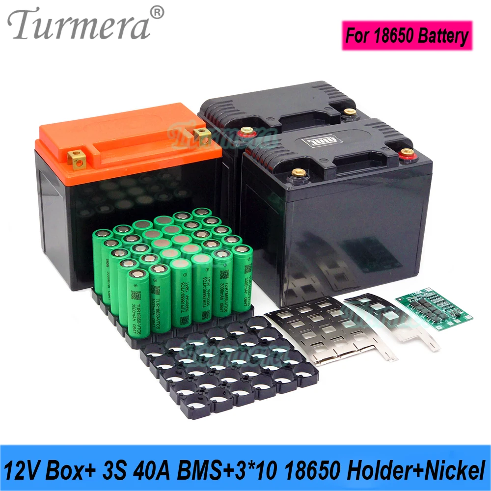 Turmera 12V 30Ah to 35Ah Motorcycle Battery Storage Box 3X10 18650 Holder 3S 40A BMS with Solder Nickel Use in Replace Lead-Acid