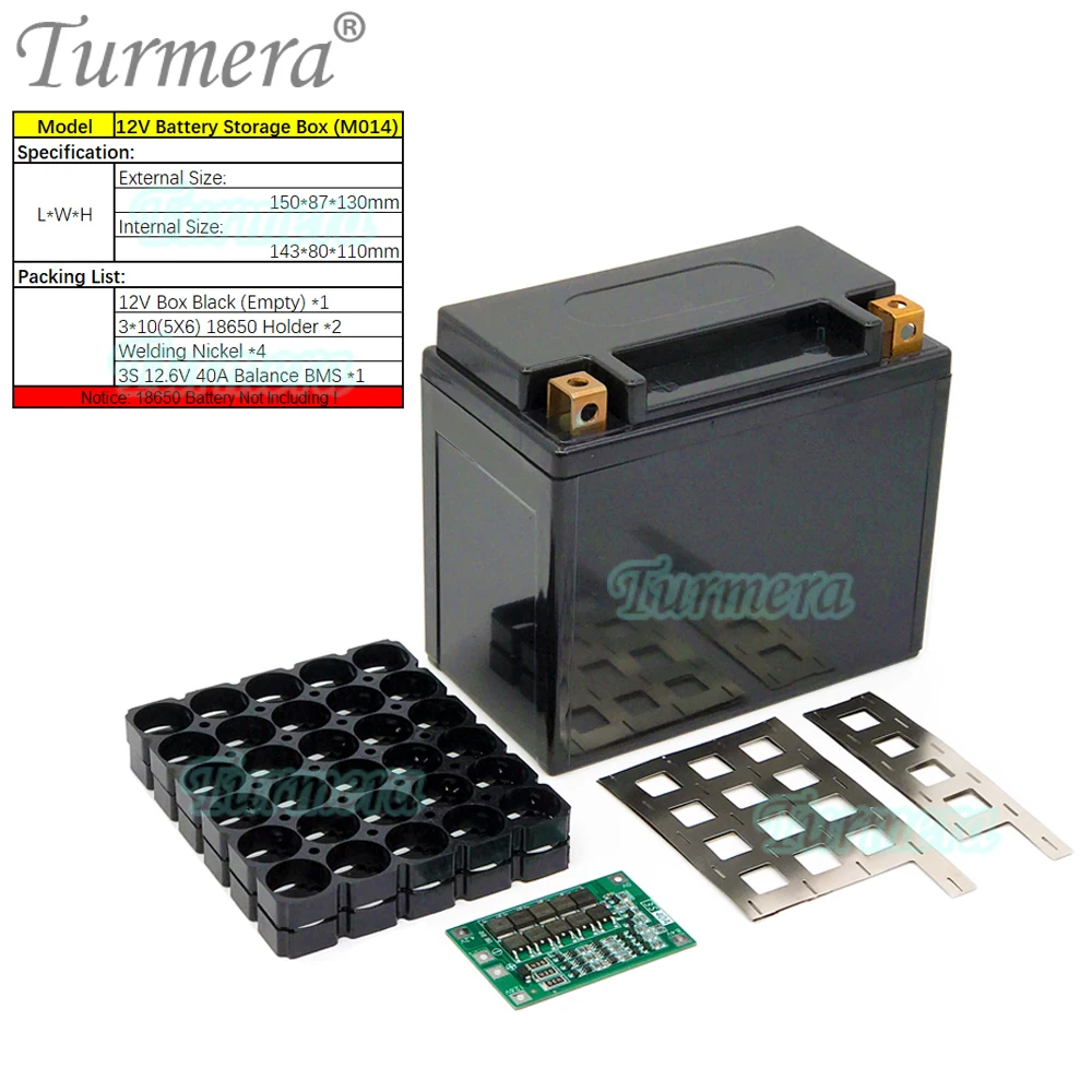 Turmera 12V 30Ah to 35Ah Motorcycle Battery Storage Box 3X10 18650 Holder 3S 40A BMS with Solder Nickel Use in Replace Lead-Acid