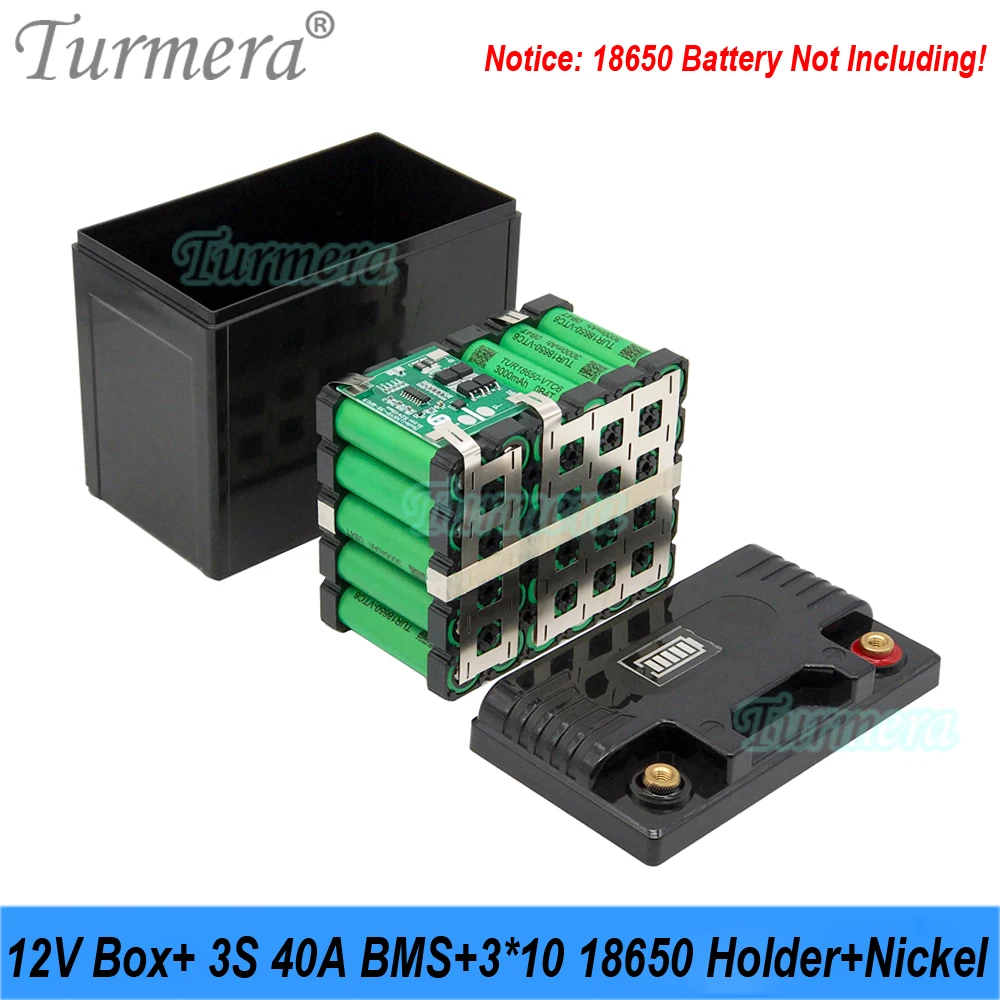 Turmera 12V 30Ah to 35Ah Motorcycle Battery Storage Box 3X10 18650 Holder 3S 40A BMS with Solder Nickel Use in Replace Lead-Acid