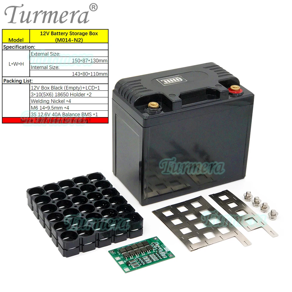 Turmera 12V 30Ah to 35Ah Motorcycle Battery Storage Box 3X10 18650 Holder 3S 40A BMS with Solder Nickel Use in Replace Lead-Acid