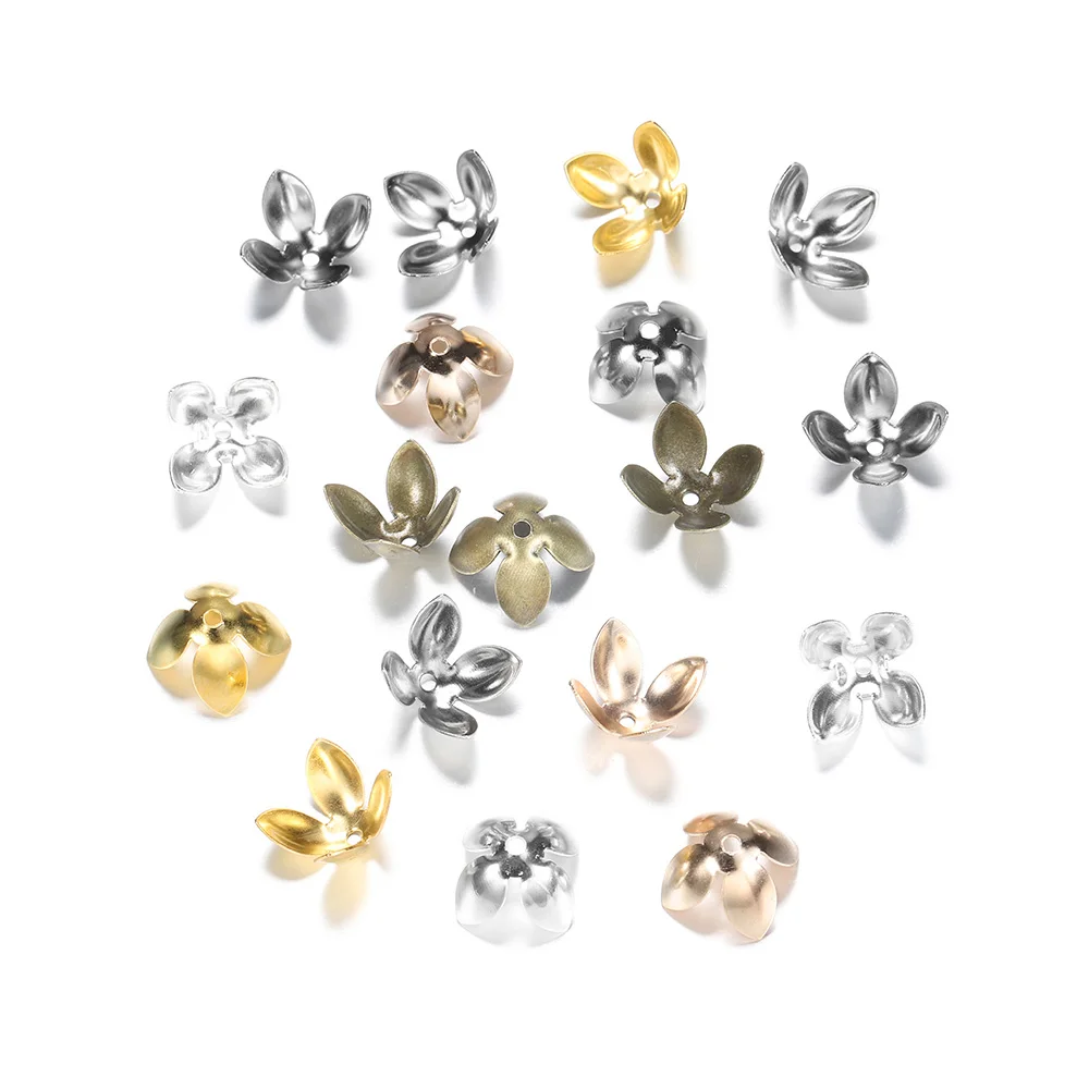 50pc/lot 15*8mm Gold Plated Metal Flower Bead Caps Findings Four Leaves Bulk End Bead Cap For Jewelry Making Supplies DIY