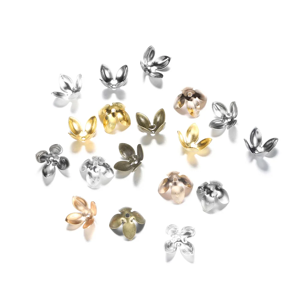 50pc/lot 15*8mm Gold Plated Metal Flower Bead Caps Findings Four Leaves Bulk End Bead Cap For Jewelry Making Supplies DIY