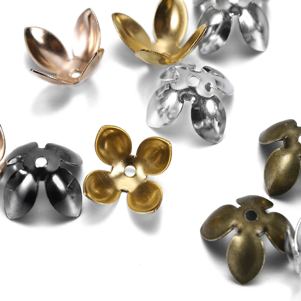50pc/lot 15*8mm Gold Plated Metal Flower Bead Caps Findings Four Leaves Bulk End Bead Cap For Jewelry Making Supplies DIY