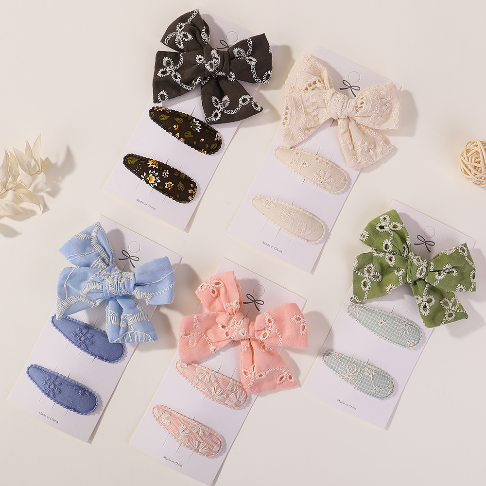 10Pcs/set Embroidery FlowerBow Hair Clips Geometric Sweet HairPins for Children Girls cottton Hair Accessories