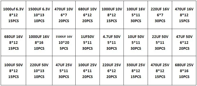 625Pcs 24Values Aluminum Electrolytic Capacitor Kit 10V-100V 1F-1000uF Capacitors Box Assortment Kit