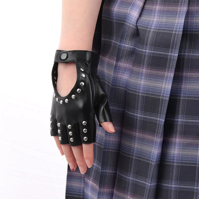 Black Gothic Rivets Fingerless Gloves Semi-Fingers Breathable Driving Men Women Pu Leather Punk Gloves Halloween Dance Gloves