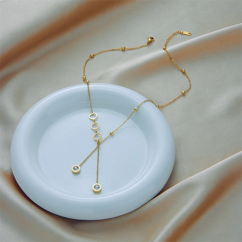 DIEYURO 316L Stainless Steel Roman Necklace For Women Luxury Designer Fashion Zircon Long Pendant Necklaces Girls Jewelry Gift