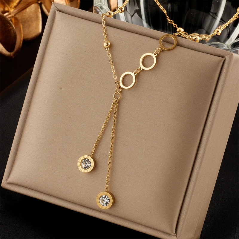 DIEYURO 316L Stainless Steel Roman Necklace For Women Luxury Designer Fashion Zircon Long Pendant Necklaces Girls Jewelry Gift