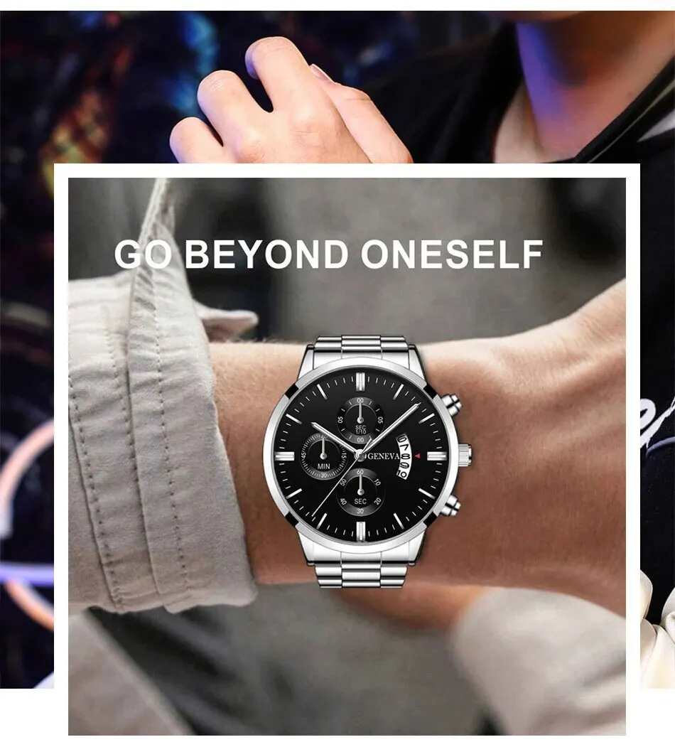 Fashion Mens Watches Luxury Silver Stainless Steel Quartz Wrist Watch Man Business Watch for Men Calendar Clock Reloj Hombre
