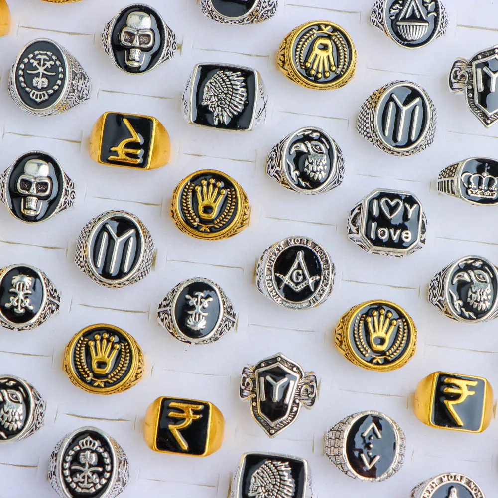 Wholesale 20Pcs/lot Vintage Black Square Ring For Women Men Mix Style Retro Punk Hip Hop Rock Party Jewelry
