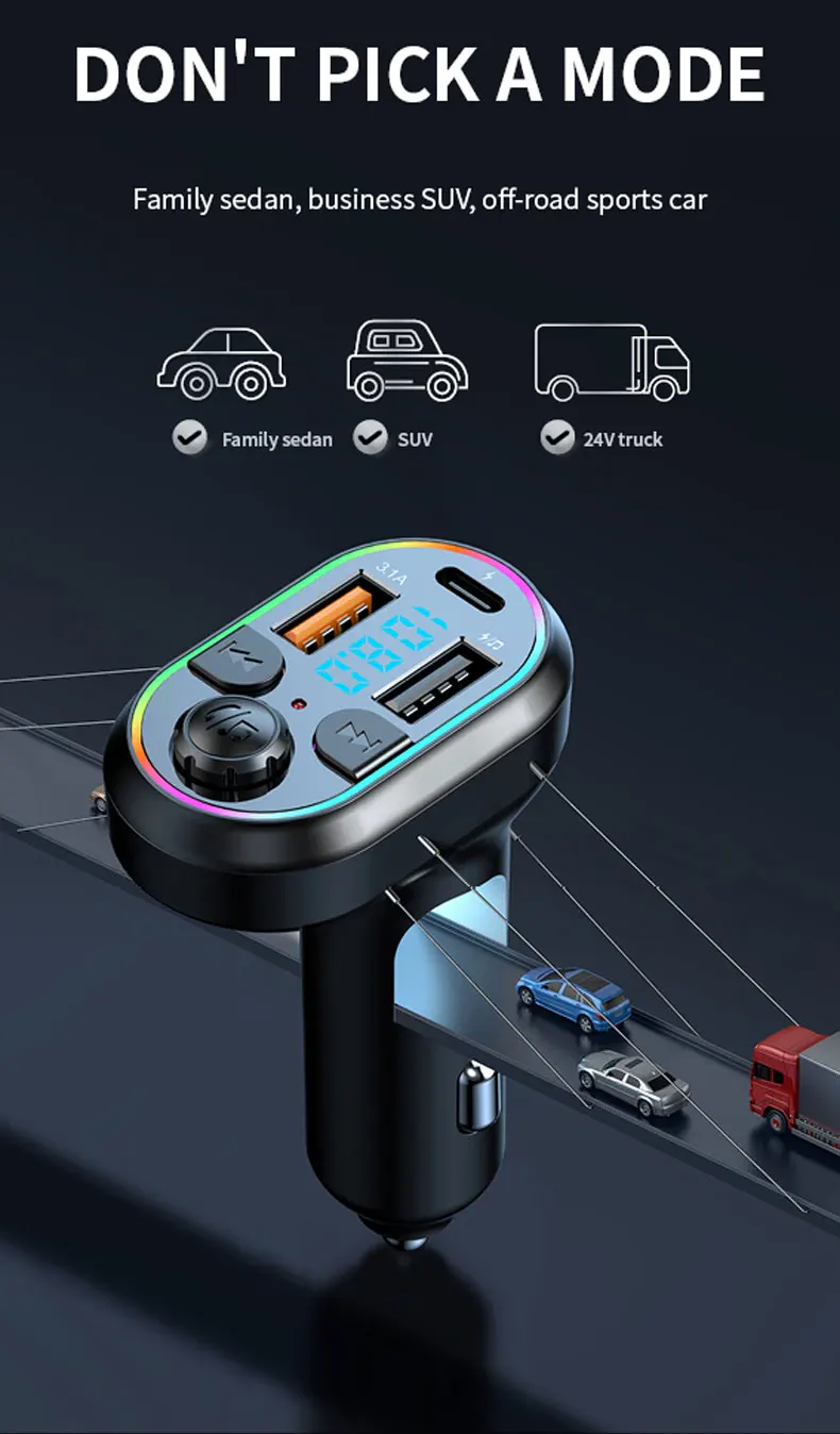Car Bluetooth 5.0 FM Transmitter Wireless Audio Receiver Car MP3 Player 25W PD Fast Charge With Apple Type-C Port Charging Cable