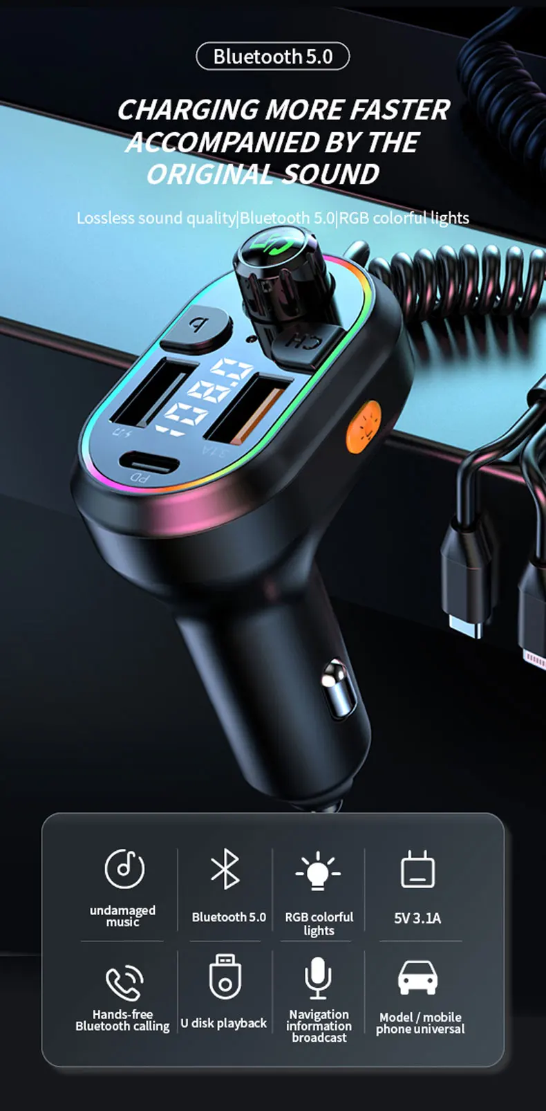 Car Bluetooth 5.0 FM Transmitter Wireless Audio Receiver Car MP3 Player 25W PD Fast Charge With Apple Type-C Port Charging Cable