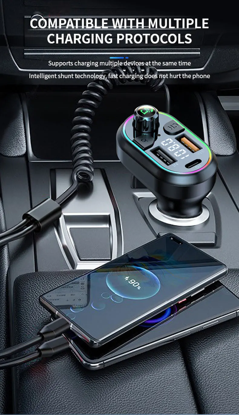 Car Bluetooth 5.0 FM Transmitter Wireless Audio Receiver Car MP3 Player 25W PD Fast Charge With Apple Type-C Port Charging Cable
