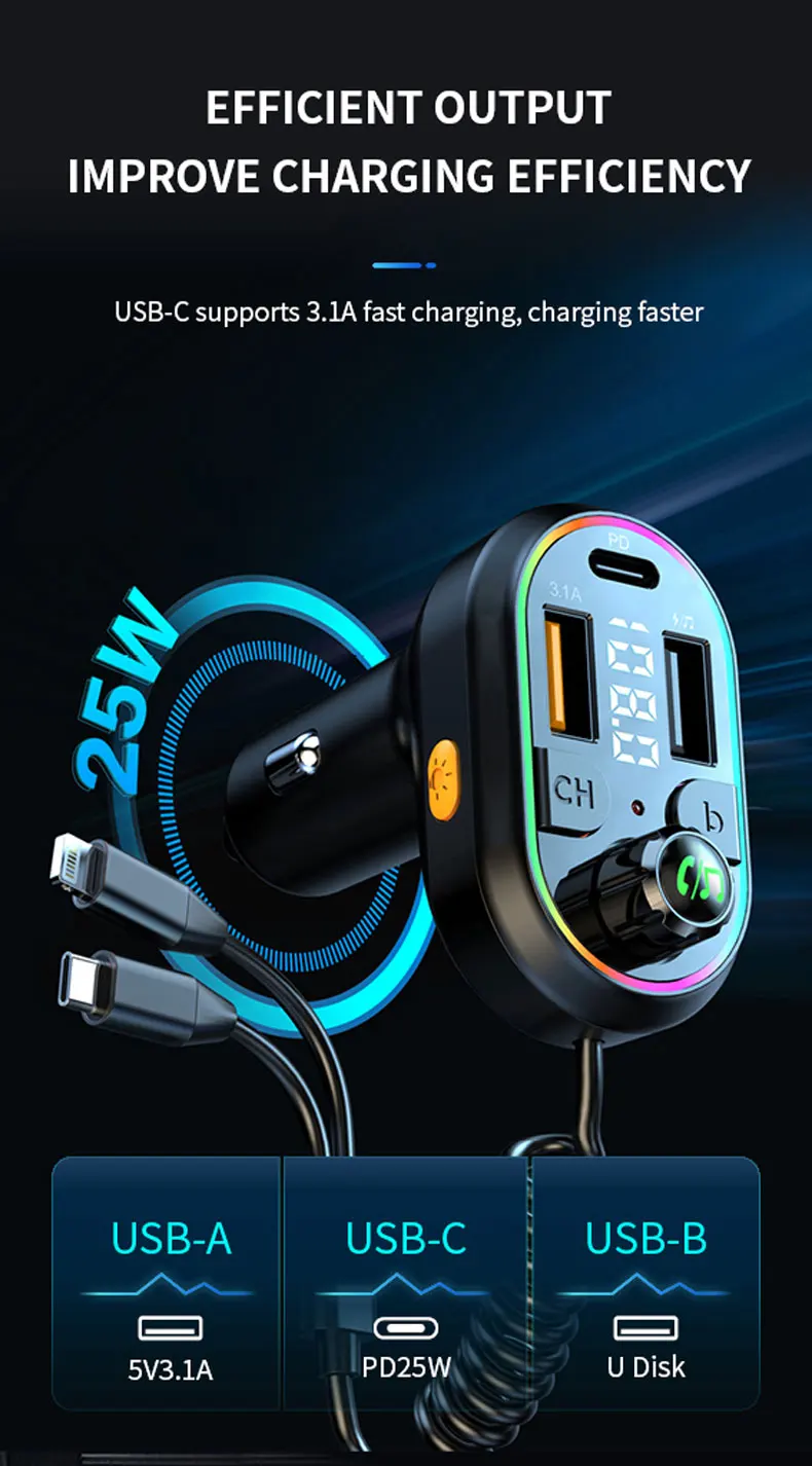 Car Bluetooth 5.0 FM Transmitter Wireless Audio Receiver Car MP3 Player 25W PD Fast Charge With Apple Type-C Port Charging Cable