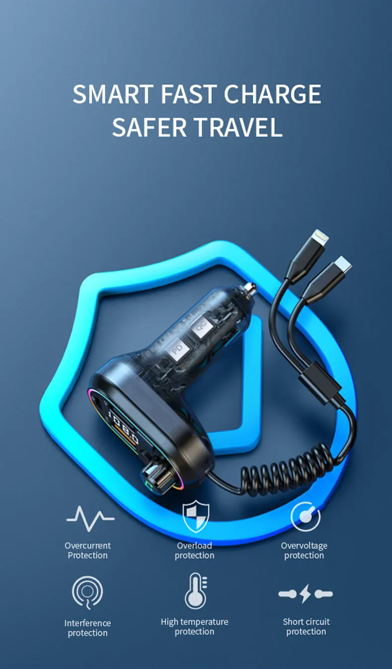 Car Bluetooth 5.0 FM Transmitter Wireless Audio Receiver Car MP3 Player 25W PD Fast Charge With Apple Type-C Port Charging Cable