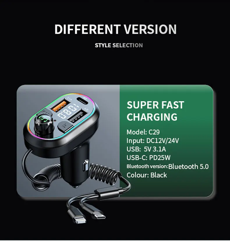 Car Bluetooth 5.0 FM Transmitter Wireless Audio Receiver Car MP3 Player 25W PD Fast Charge With Apple Type-C Port Charging Cable
