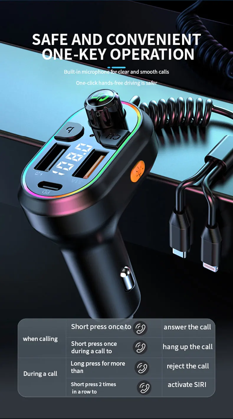Car Bluetooth 5.0 FM Transmitter Wireless Audio Receiver Car MP3 Player 25W PD Fast Charge With Apple Type-C Port Charging Cable