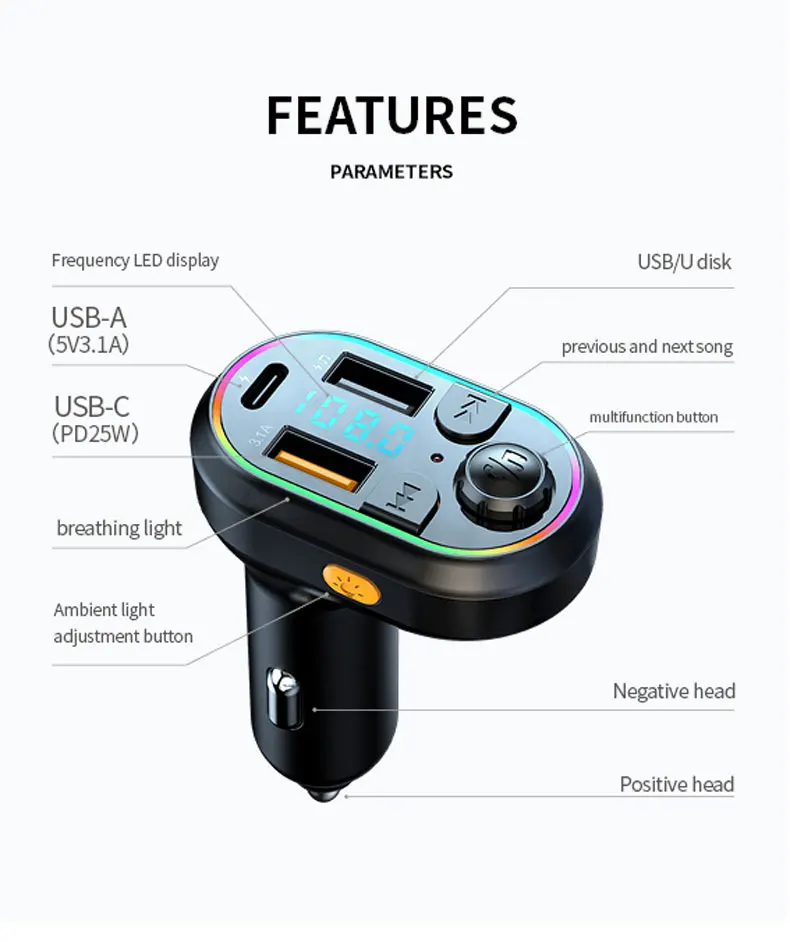 Car Bluetooth 5.0 FM Transmitter Wireless Audio Receiver Car MP3 Player 25W PD Fast Charge With Apple Type-C Port Charging Cable