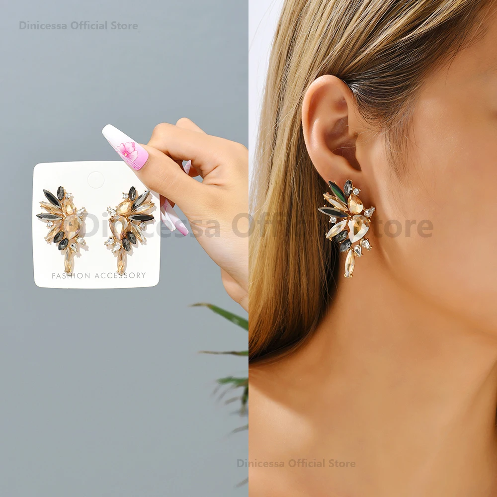 Vintage Sparkly Crystal Big Stud Earrings For Women 2023 Trendy Luxury Design Charm Piercing Wedding Party Statement Jewelry