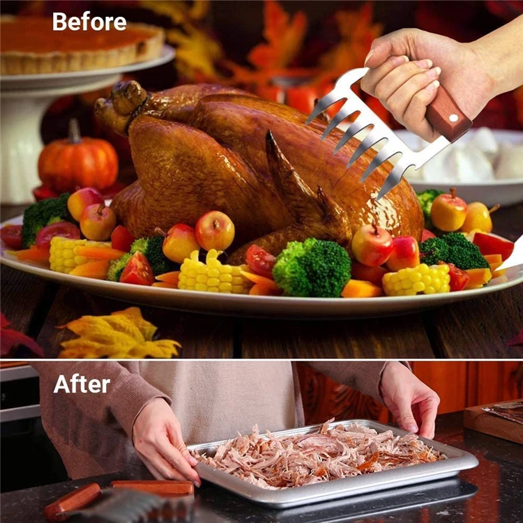 LMETJMA Bear Claws Stainless Steel BBQ Meat Shredder Claws with Wooden Handle Bottle Opener Turkey Chicken Claws KC0423