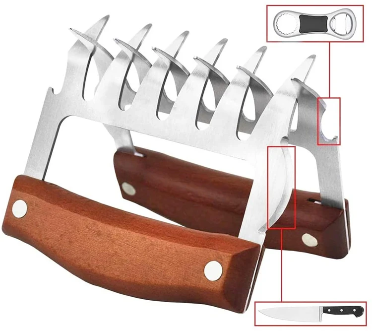 LMETJMA Bear Claws Stainless Steel BBQ Meat Shredder Claws with Wooden Handle Bottle Opener Turkey Chicken Claws KC0423